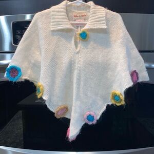 Toffee Apple White Knit Poncho with Colorful Flower Accents